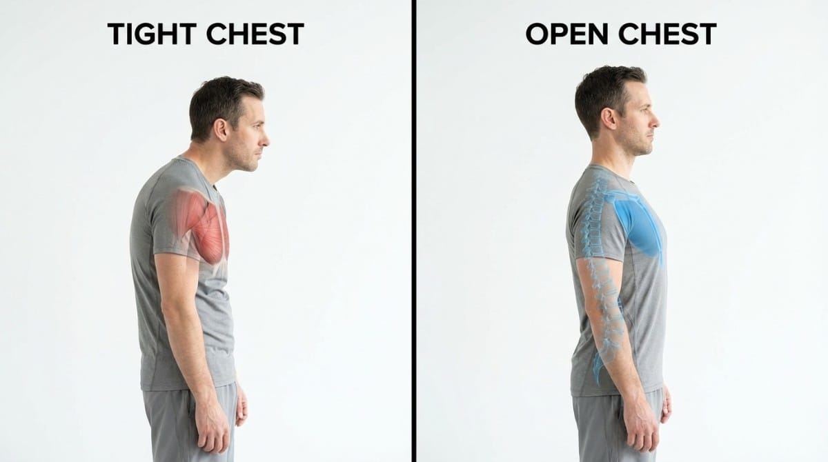 Side-by-side comparison of poor posture with tight chest and good posture with open chest alignment