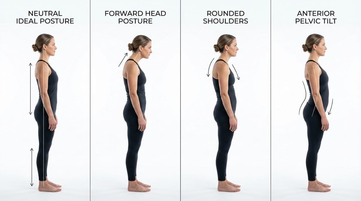 Posture comparison showing neutral posture, forward head, rounded shoulders, and anterior pelvic tilt