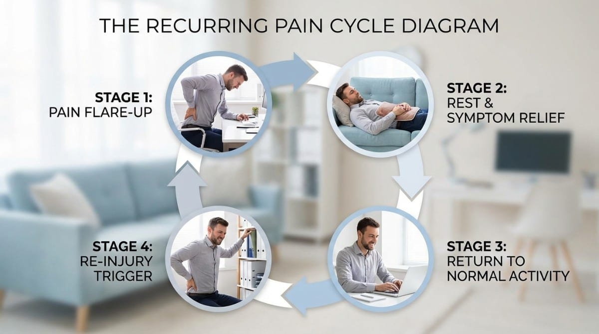 Recurring back pain cycle diagram showing flare-up, relief, activity, and reinjury stages