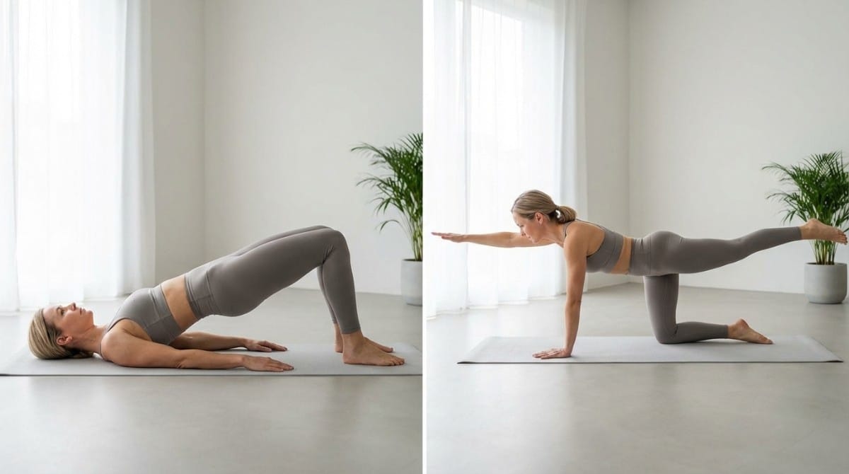 Woman performing core and balance exercises including glute bridge and bird dog for posture correction