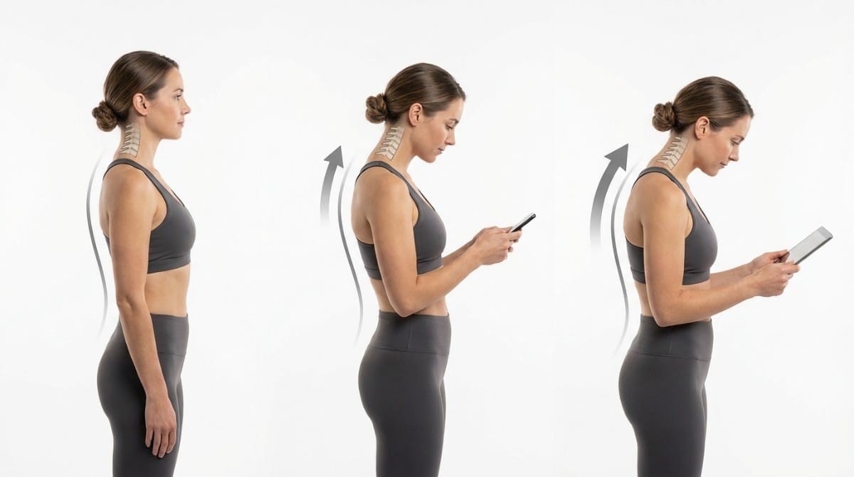 Woman demonstrating posture shift from neutral to forward head while using phone