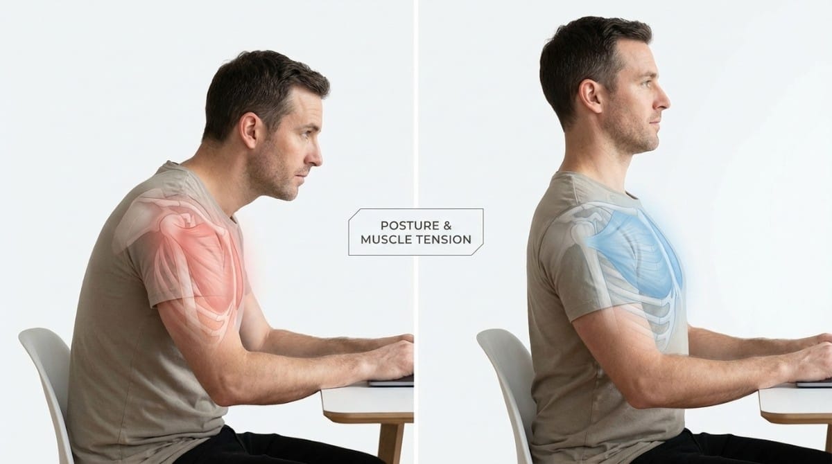 Comparison of man with poor posture causing muscle tension and upright posture reducing strain