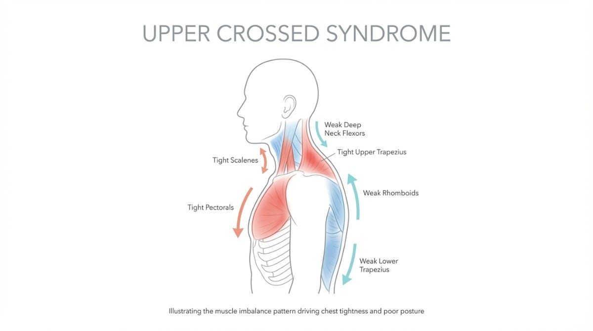 Illustration of upper crossed syndrome showing muscle imbalance with tight chest and weak upper back muscles