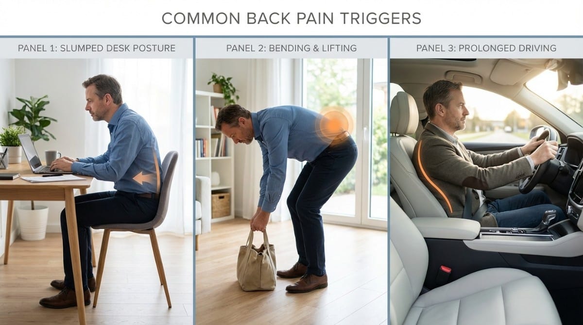 Common back pain triggers including slouched posture, lifting, and prolonged driving