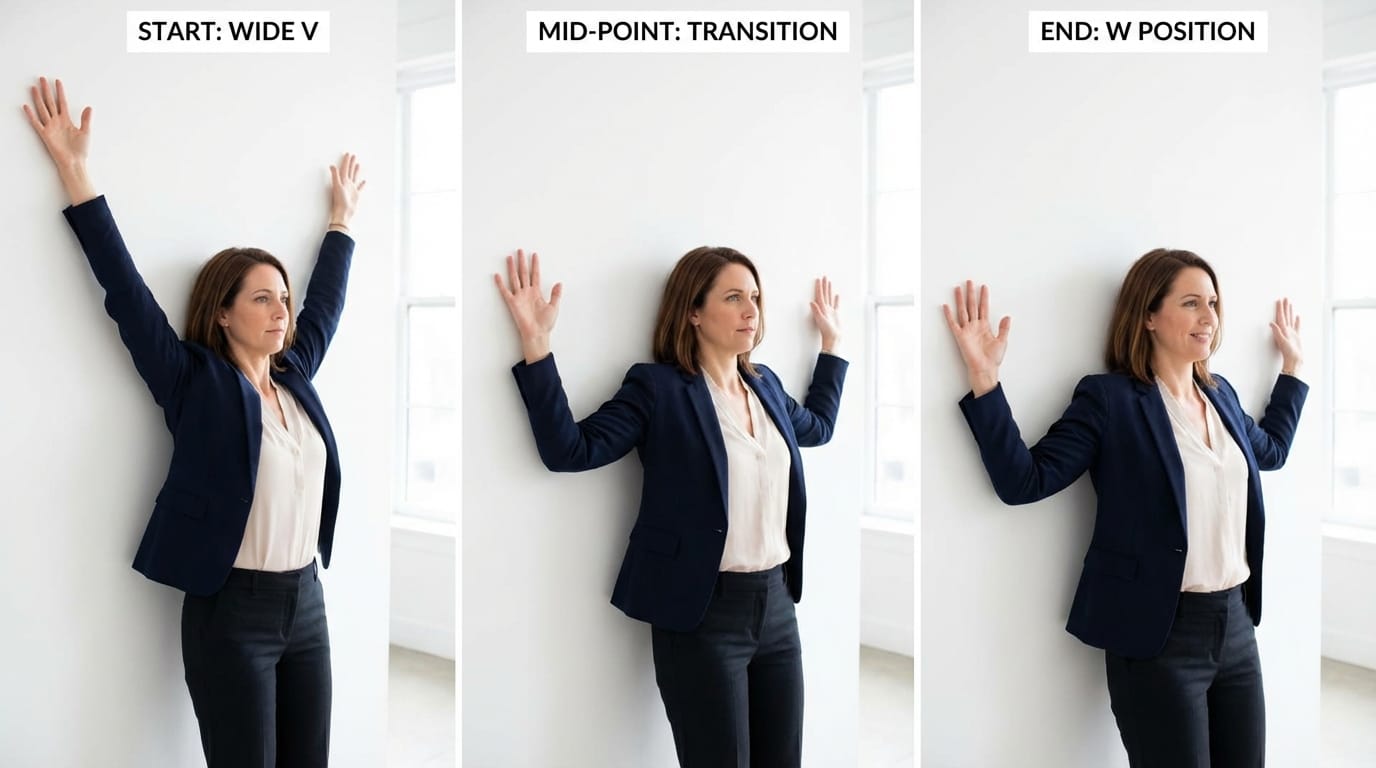 Woman performing wall posture exercise showing step-by-step arm positions from wide V to W