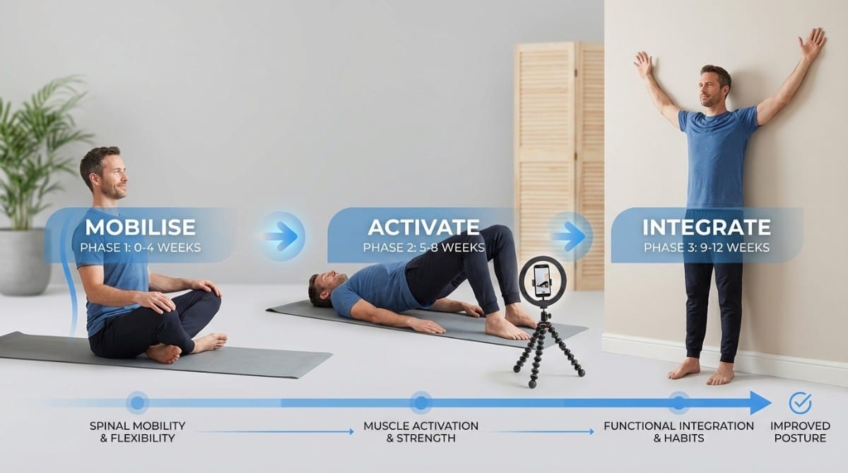 Three-phase posture improvement process showing mobility, activation, and integration exercises over time