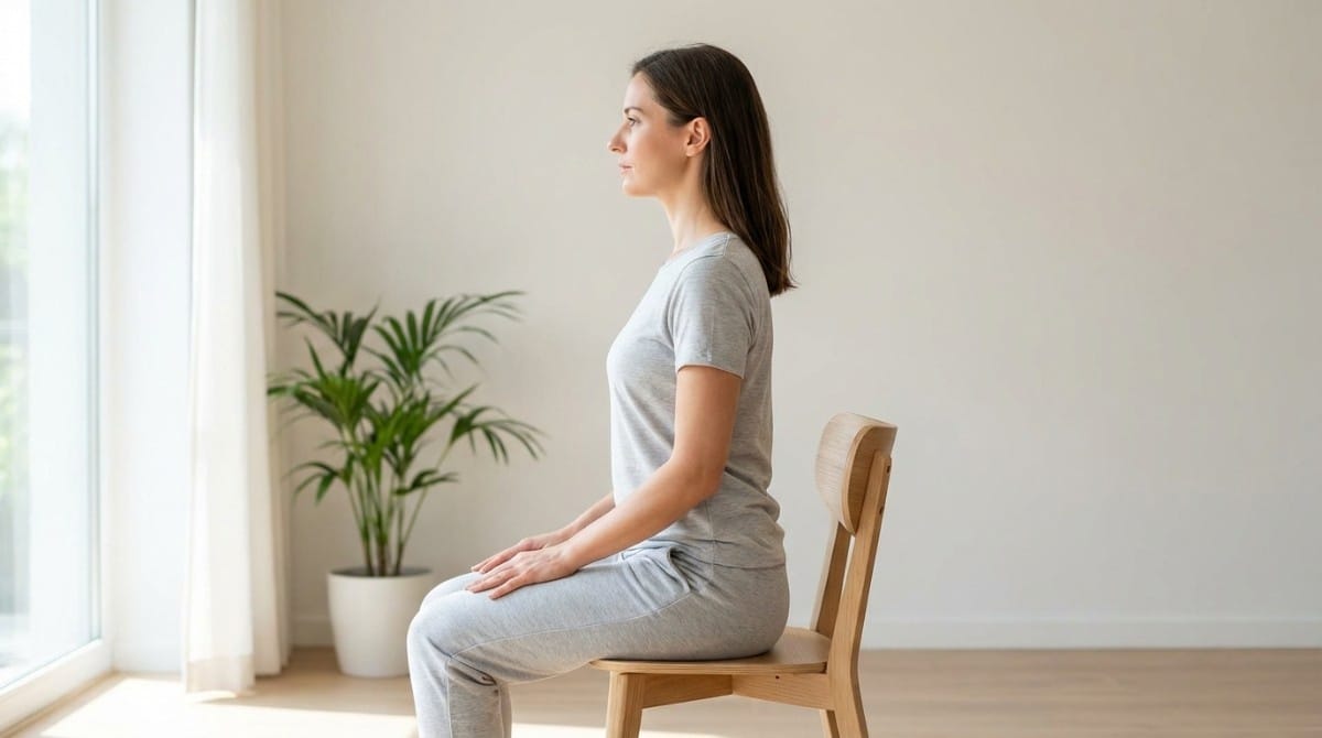 Woman sitting with proper upright posture on chair showing spinal alignment