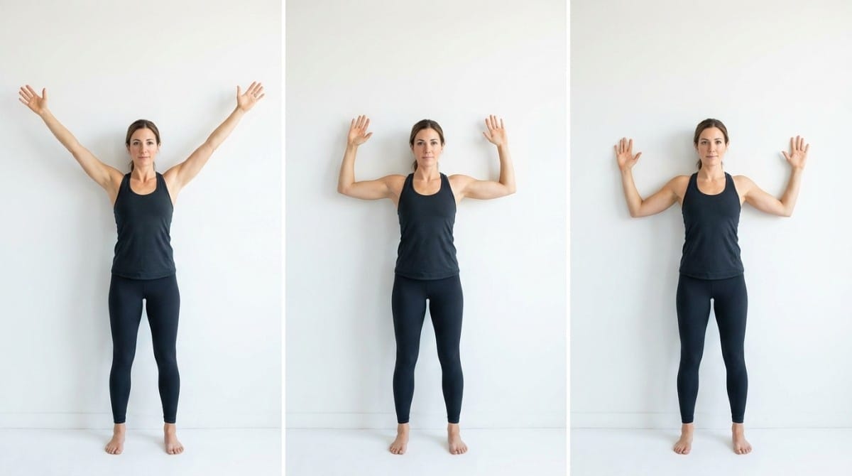 Step-by-step demonstration of wall posture correction exercise showing arm positions for shoulder alignment