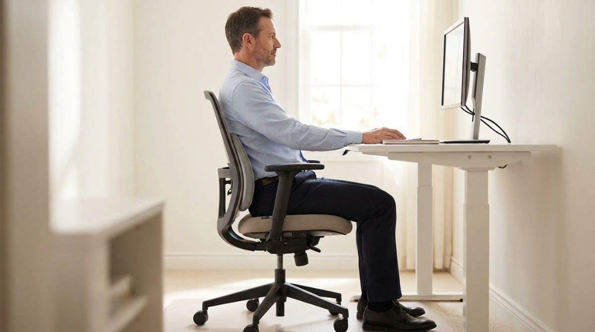 Man sitting at desk with proper ergonomic posture while working on a computer in a bright home office