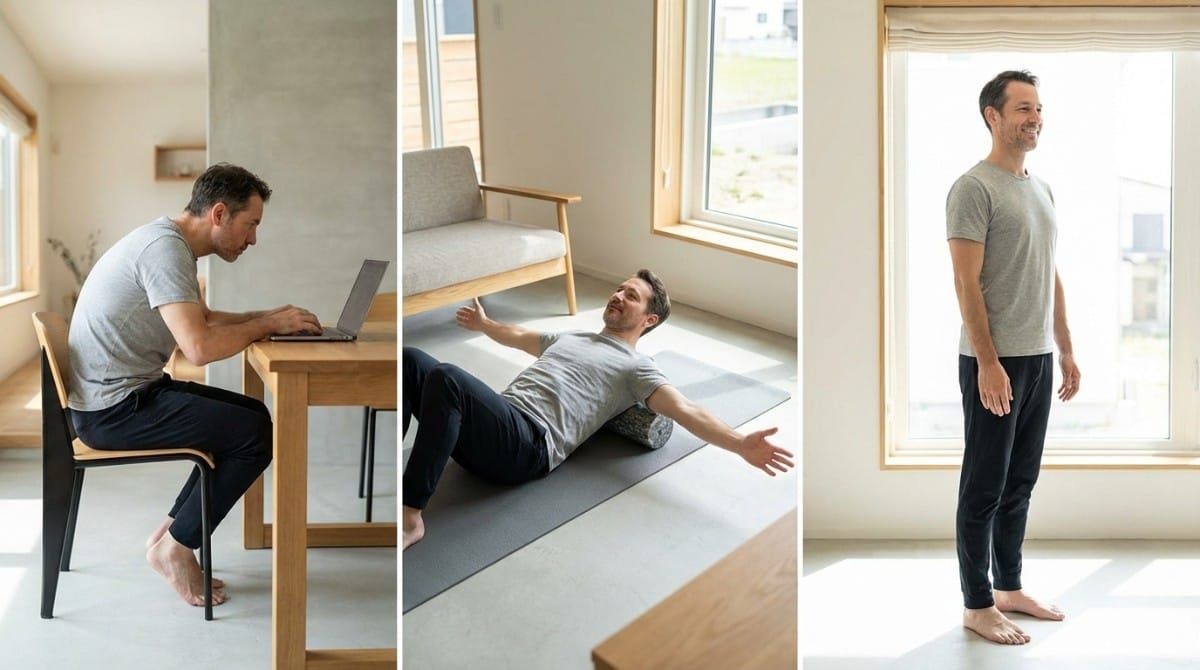 Man correcting posture from slouched sitting to standing upright with exercises