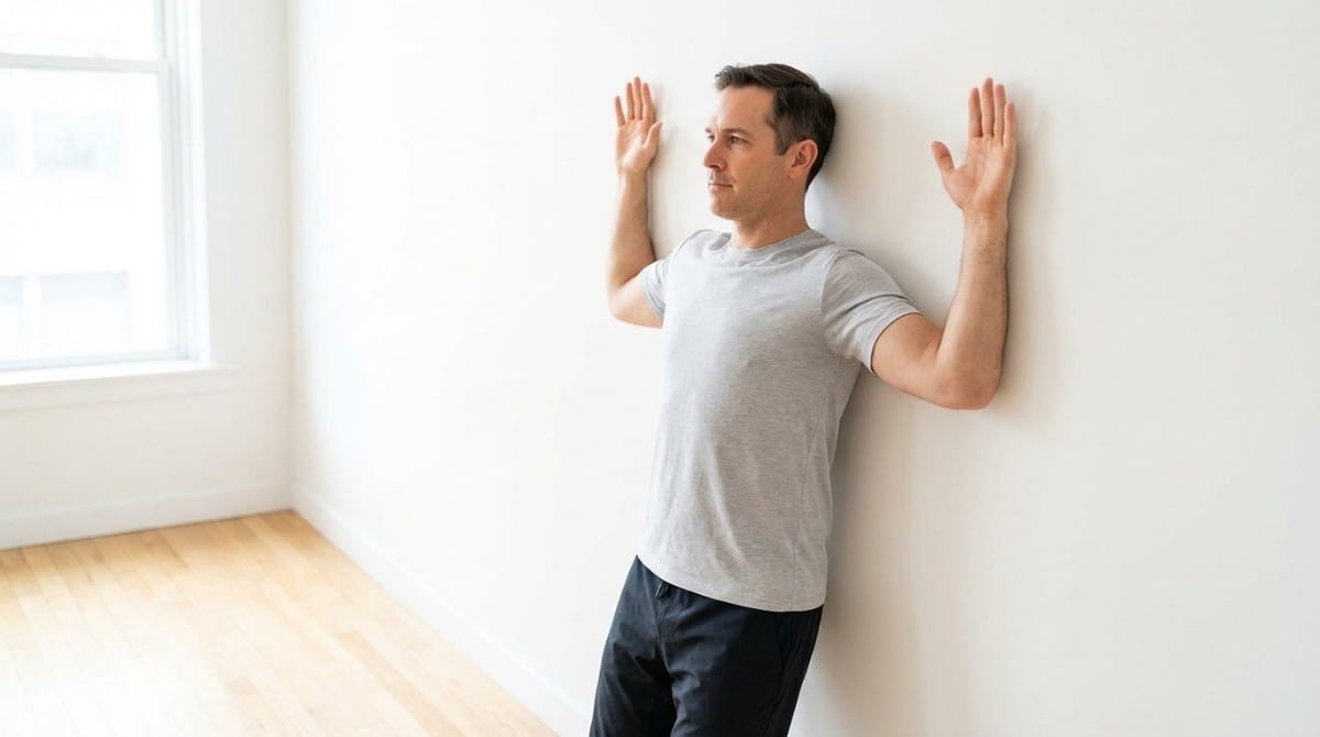 Man performing wall posture correction exercise with arms raised to improve shoulder alignment