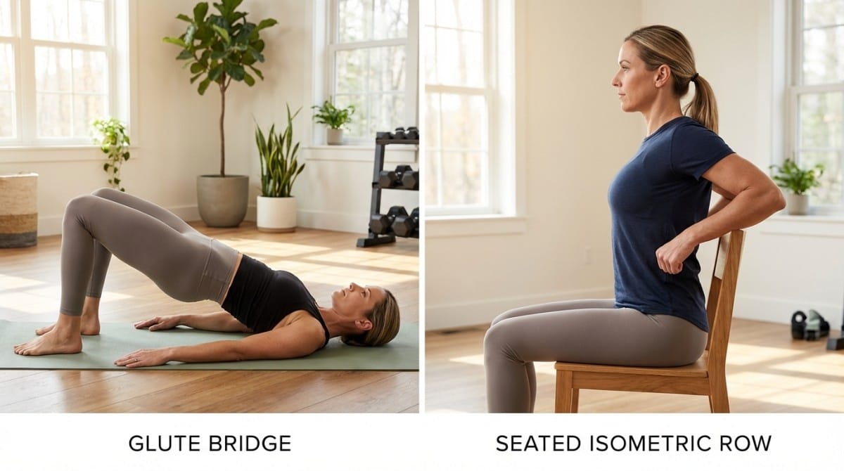Glute bridge and seated isometric row exercises for posture correction and back strength