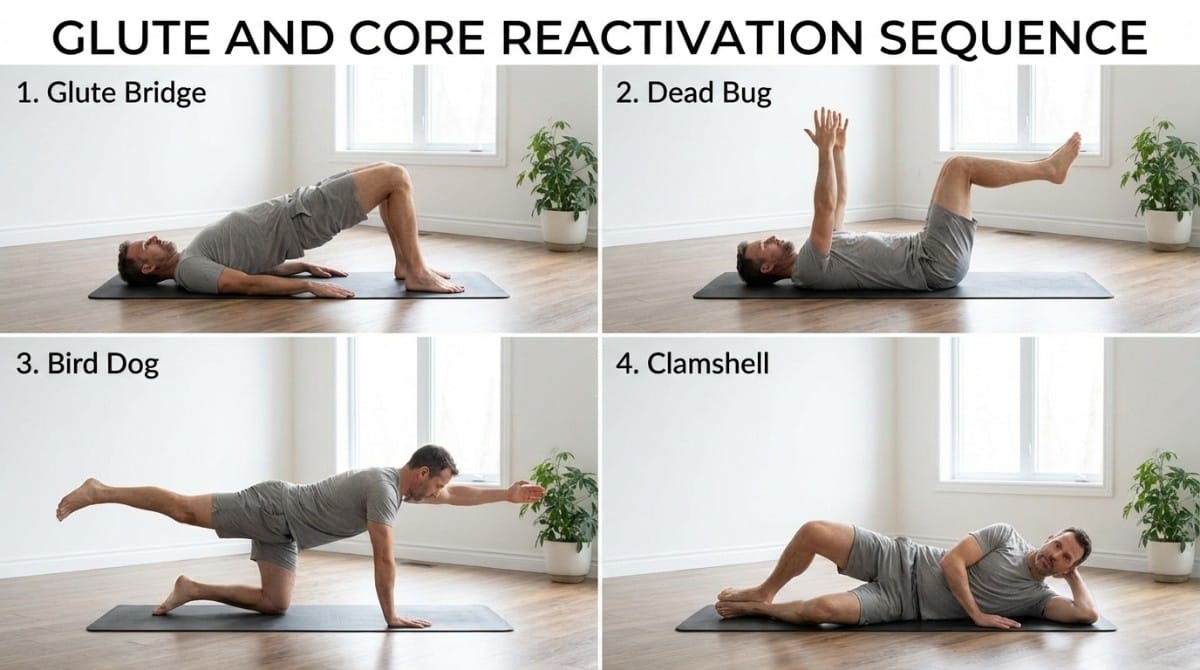 Glute and core activation exercises including bridge, dead bug, bird dog, and clamshell