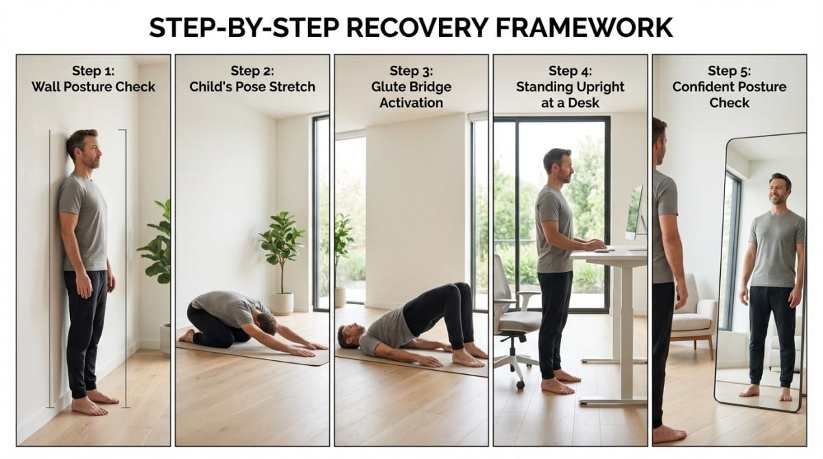 Posture recovery routine showing exercises for improving alignment and standing posture