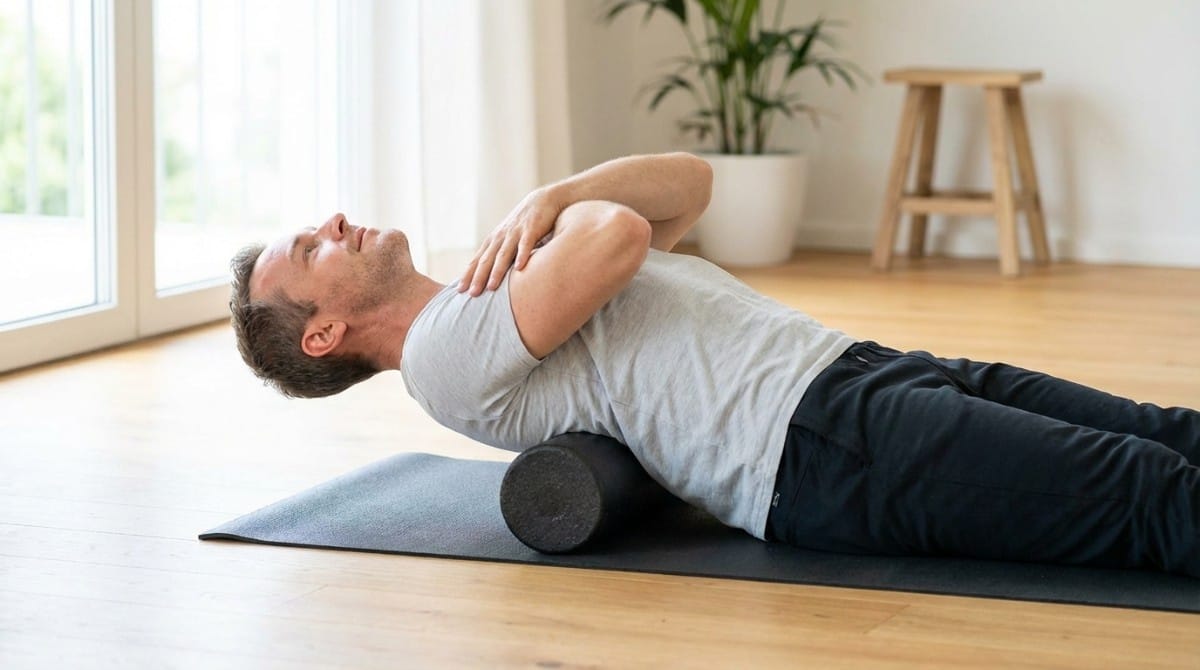 Man using foam roller for chest stretch to relieve tight muscles and improve posture alignment