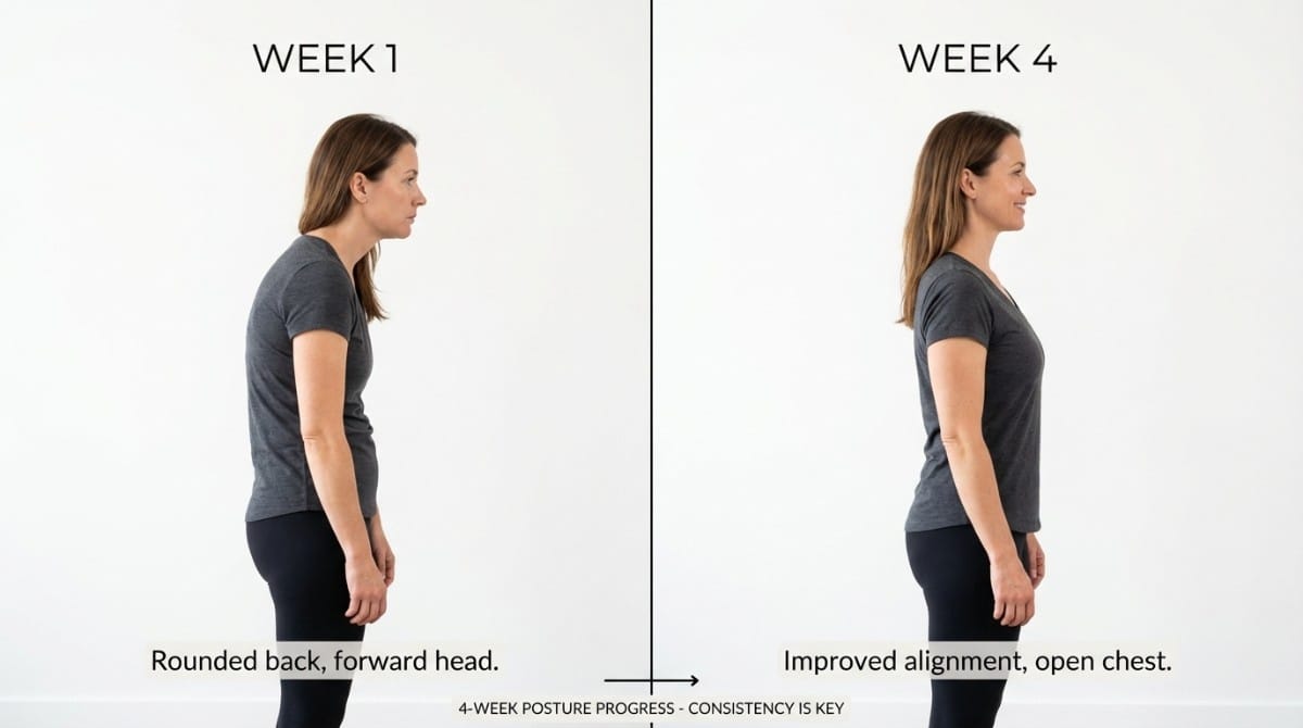 Before and after posture improvement showing rounded back in week 1 and upright alignment in week 4