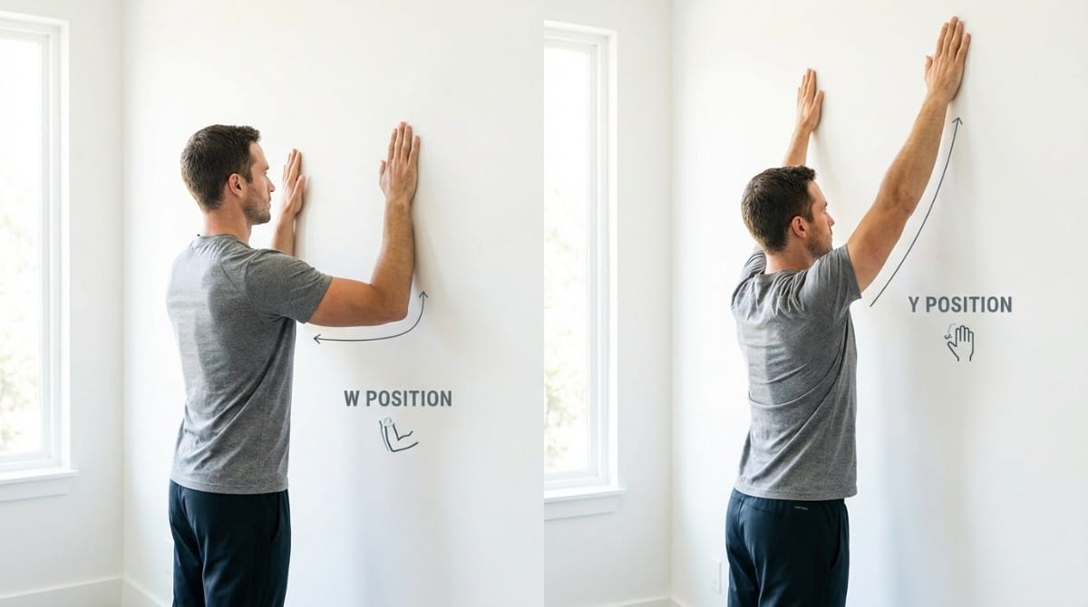 Wall posture exercise showing W position and Y position for shoulder mobility