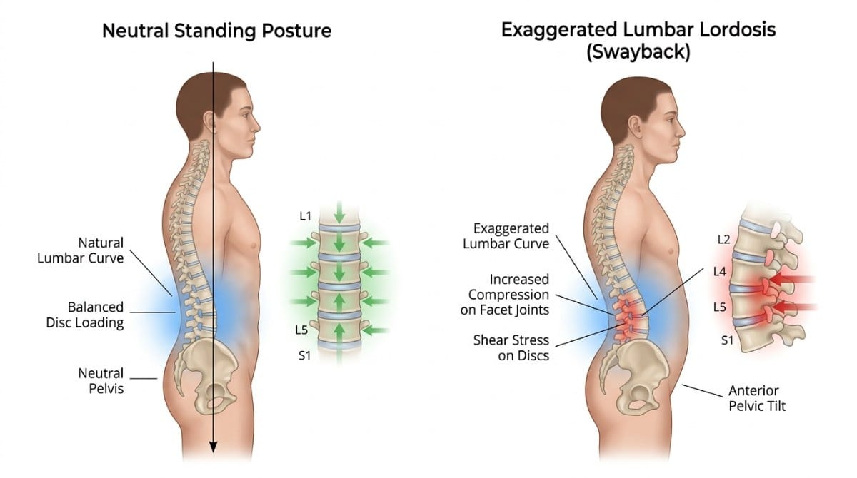 Illustration comparing neutral spine posture with exaggerated lumbar lordosis, highlighting spinal alignment and pressure points