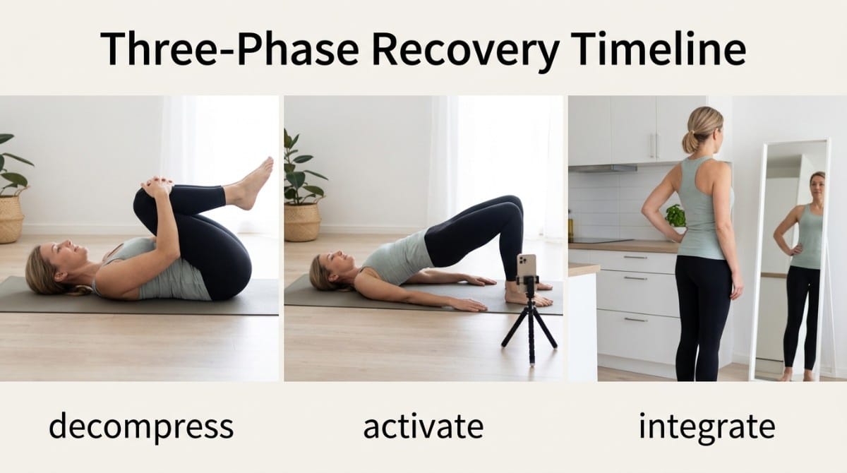 Three-phase recovery timeline showing decompression, activation, and integration exercises for back pain recovery