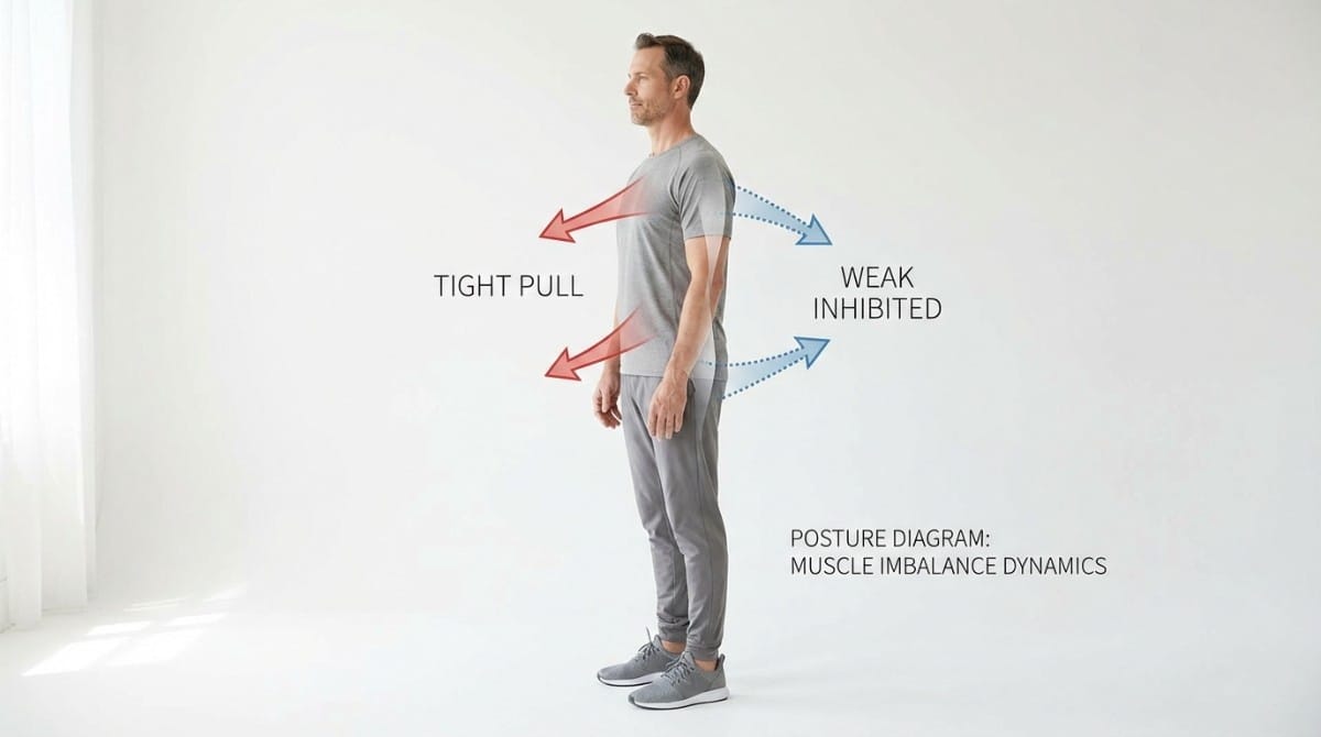 Posture diagram showing muscle imbalance with tight chest muscles and weak upper back muscles