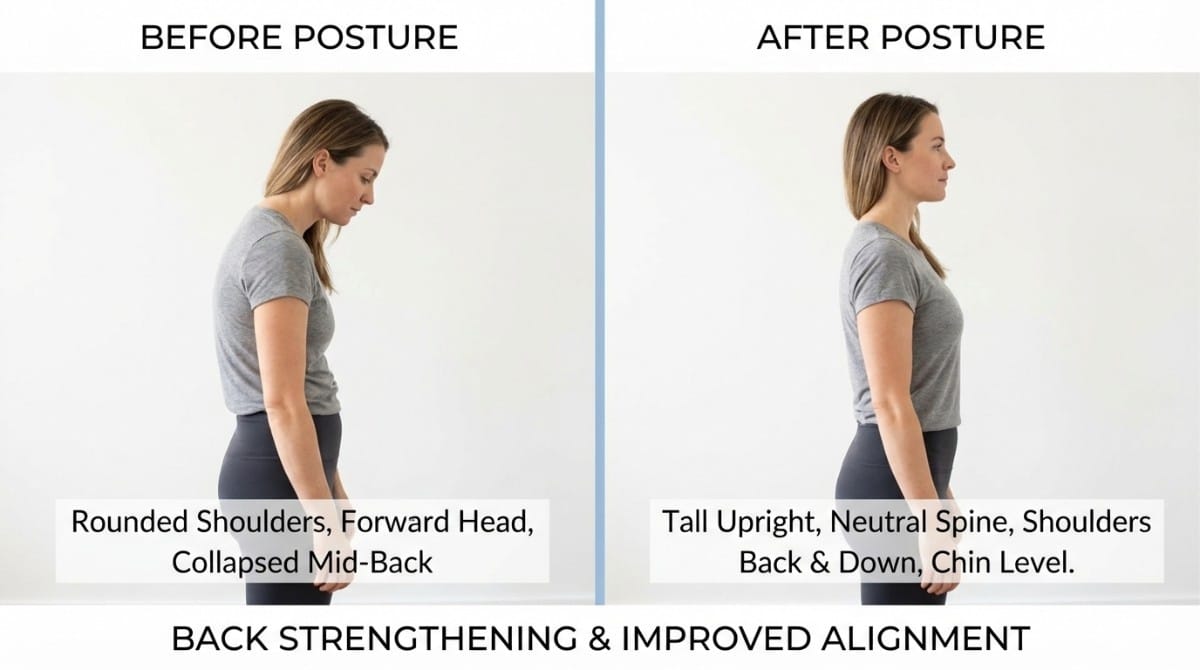 Side-by-side comparison of poor posture vs correct posture showing rounded shoulders versus upright neutral spine alignment.