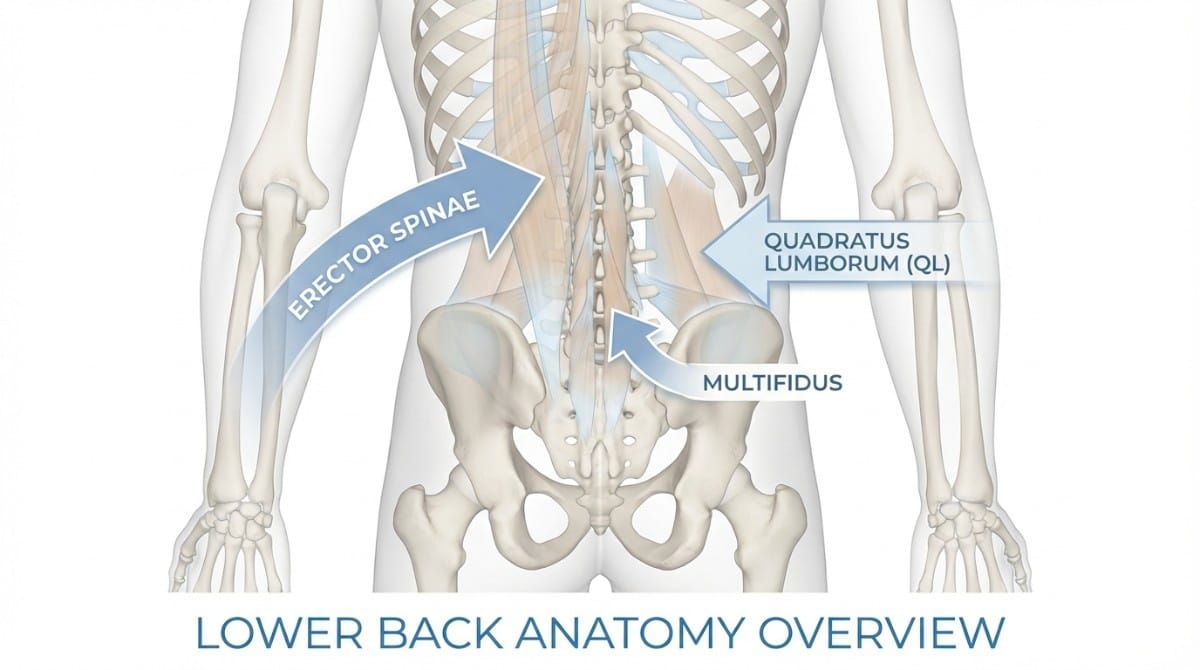 Illustration of lower back muscles including erector spinae, quadratus lumborum, and multifidus