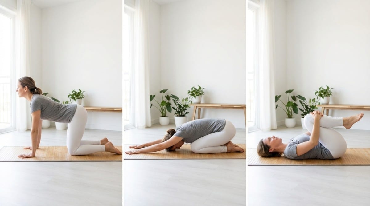Woman demonstrating a sequence of lower back stretches including cat-cow, child’s pose, and knee-to-chest