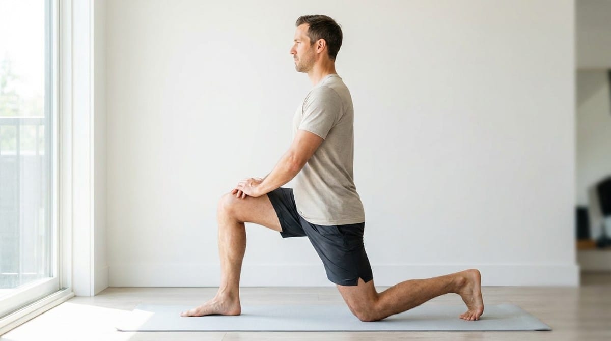 Man performing a kneeling hip flexor stretch to release tight hips and reduce lower back tension