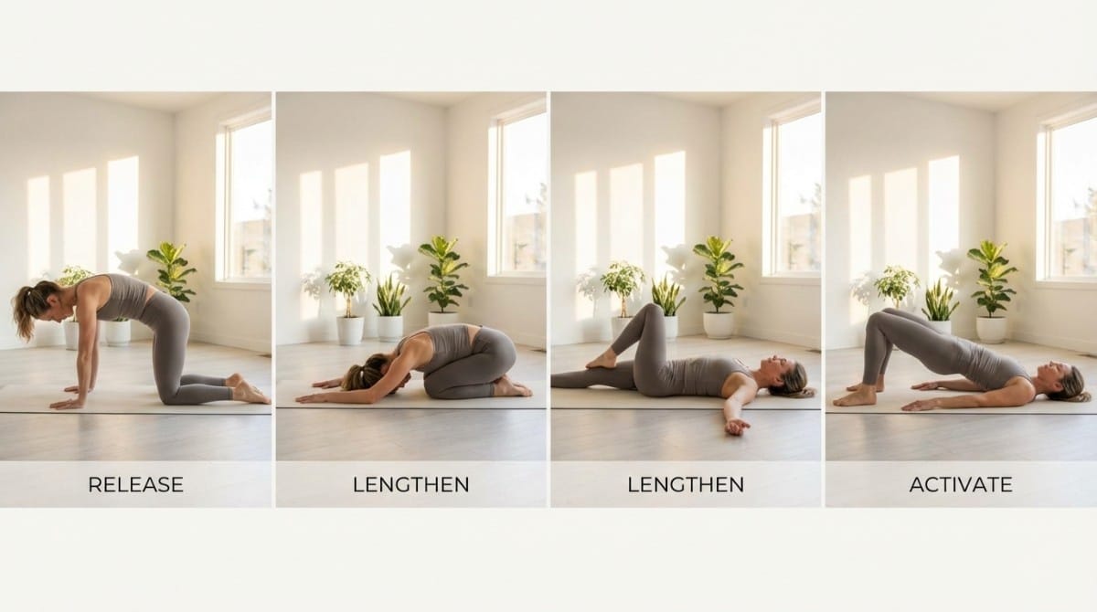 Step-by-step routine showing exercises to release, lengthen, and activate muscles for lower back pain relief