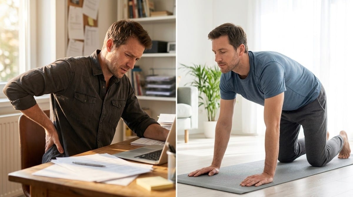 Split image of a man experiencing lower back pain at a desk and performing a stretching exercise on a mat at home.
