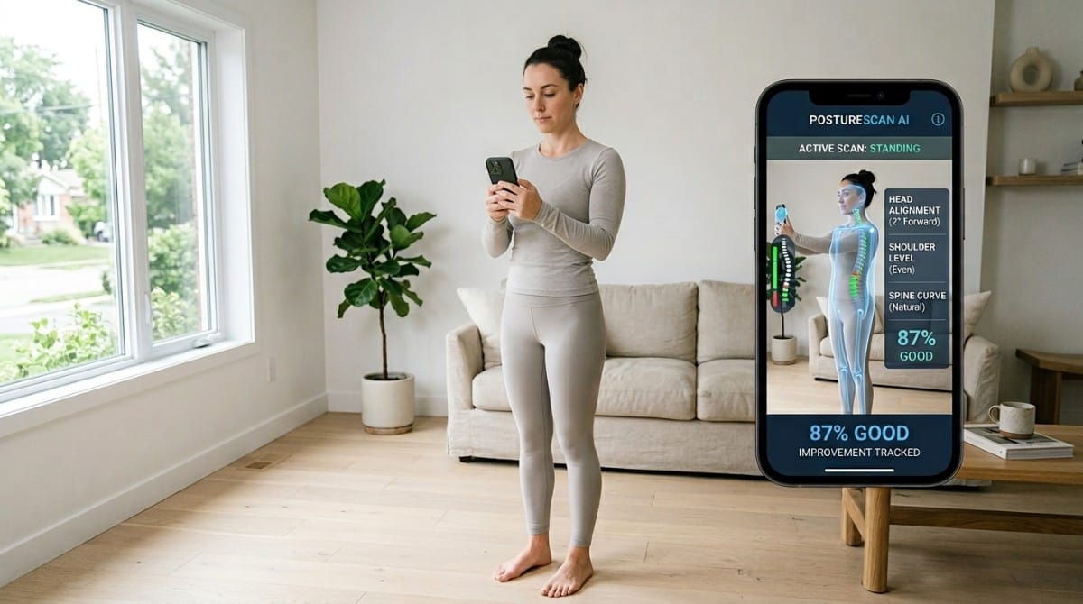 Woman standing in a living room using a smartphone while an AI posture scan interface displays body alignment metrics and improvement score.