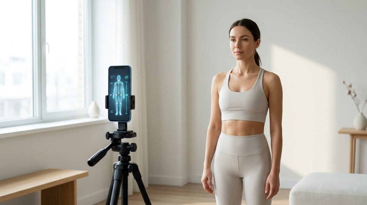 Woman standing in front of a smartphone on a tripod displaying a digital body scan for posture and fitness tracking.