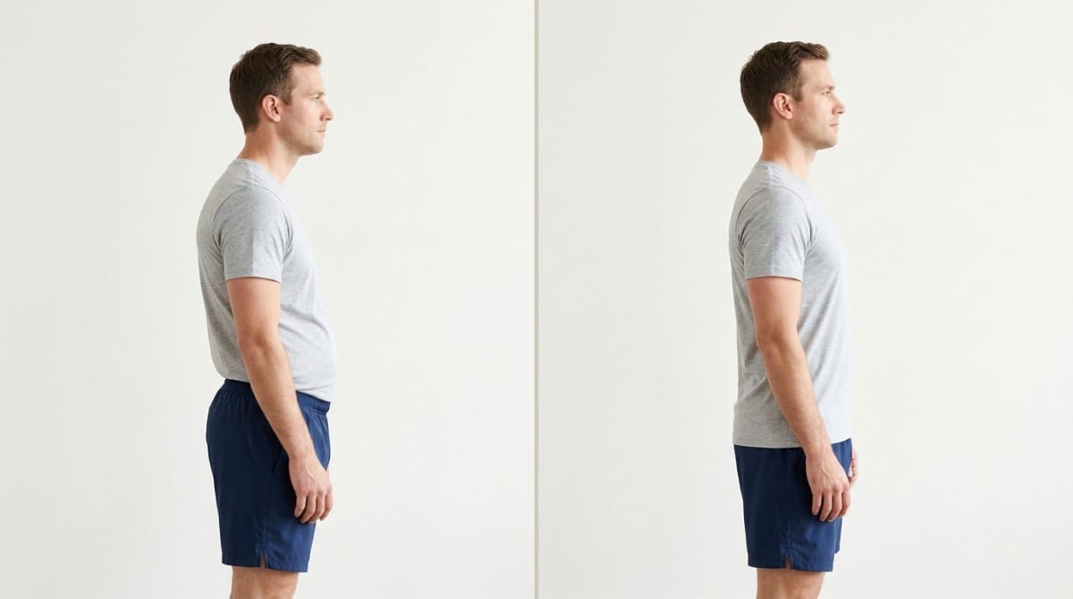 Side-by-side comparison of a man with anterior pelvic tilt versus corrected neutral posture alignment.