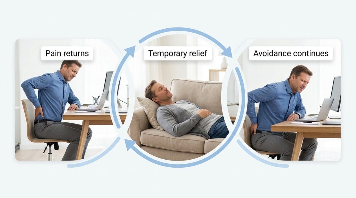 Diagram illustrating the cycle of back pain: pain returns, temporary relief, and avoidance behavior repeating over time.