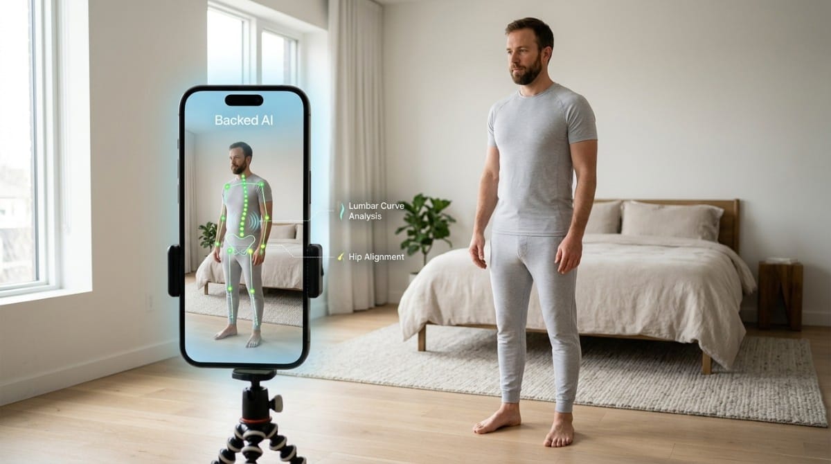 Man standing in bedroom while smartphone app analyzes posture with AI, highlighting lumbar curve and hip alignment for spine correction.