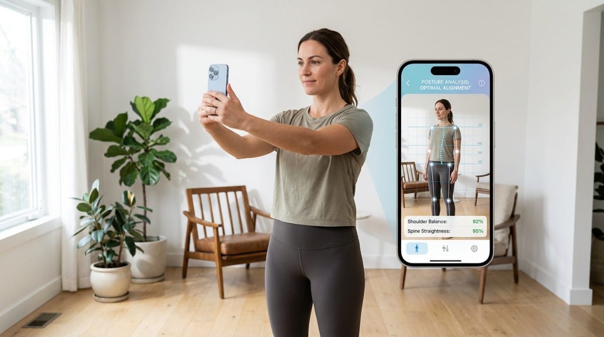 Woman using smartphone posture analysis app displaying body alignment metrics like shoulder balance and spine straightness in a living room.