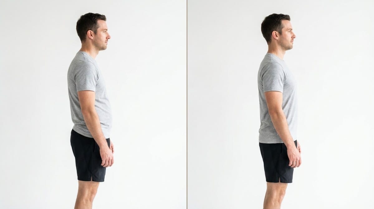 Side-by-side comparison of manβs posture before and after hip flexor correction showing reduced anterior pelvic tilt.