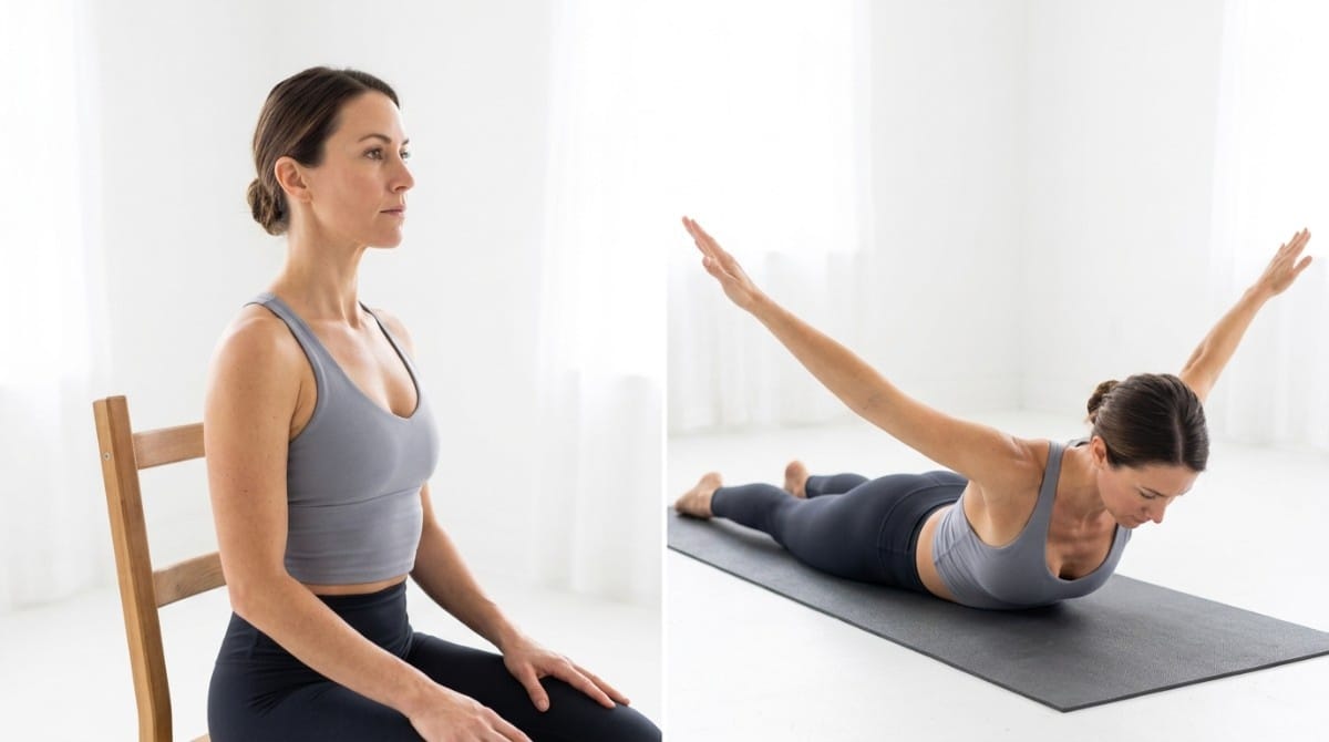 Woman demonstrating chin tuck while seated and prone Y raise exercise to strengthen upper back muscles