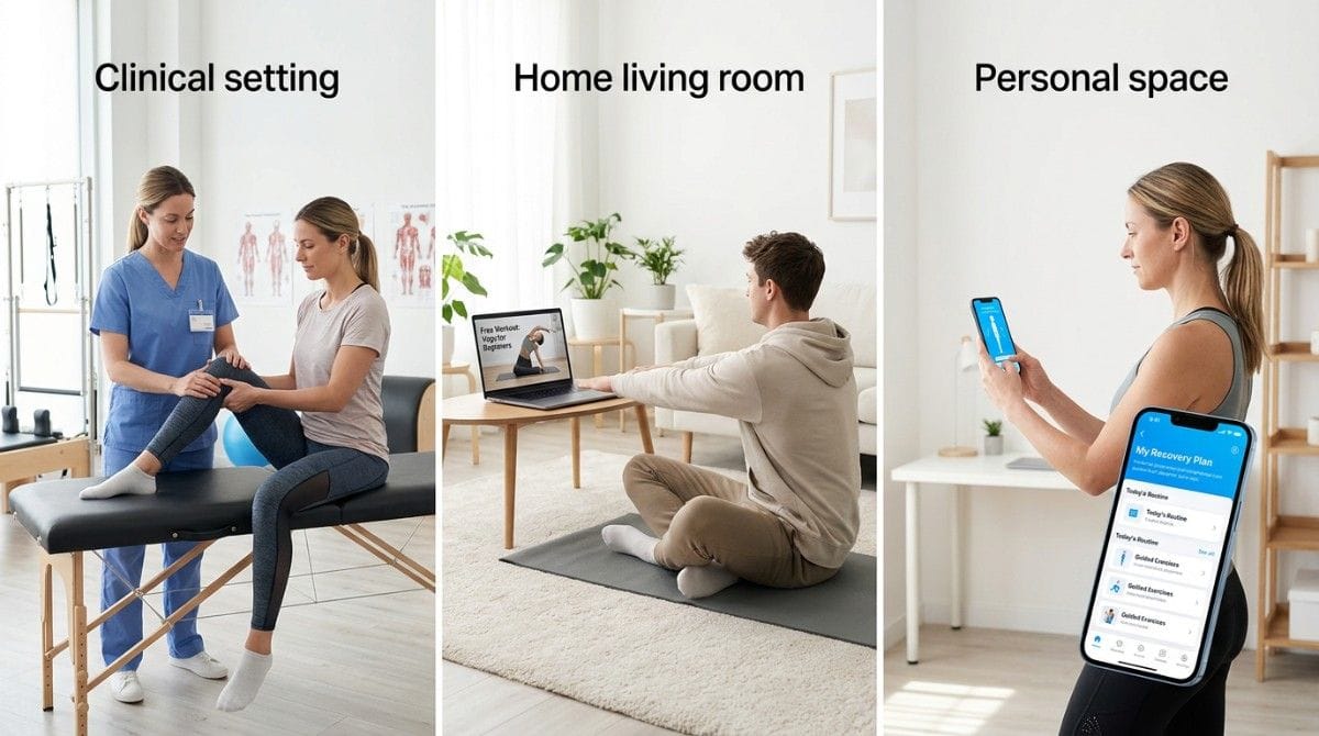 Comparison of posture care settings including a clinical physiotherapy session, home workout using a laptop, and a woman using a mobile recovery app in her personal space.