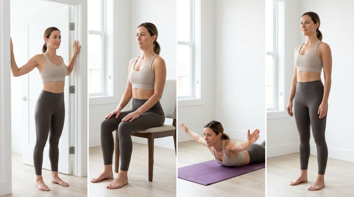 Step-by-step posture correction routine showing wall alignment, seated posture, prone exercise, and neutral standing position