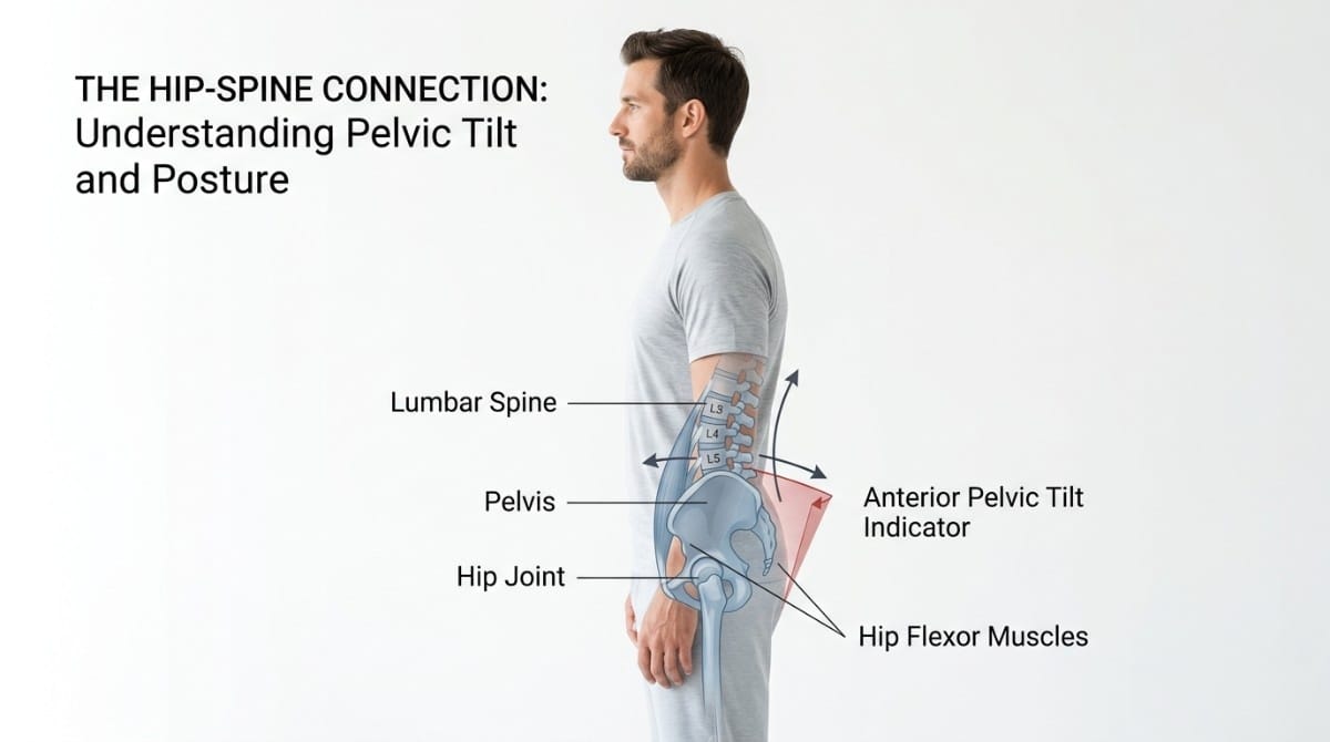 Diagram showing hip spine connection with labels for lumbar spine, pelvis, hip joint, and anterior pelvic tilt indicator.