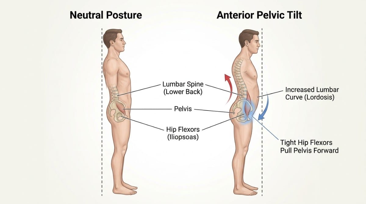 Neutral posture vs anterior pelvic tilt showing how tight hip flexors increase lumbar curve and cause lower back strain.