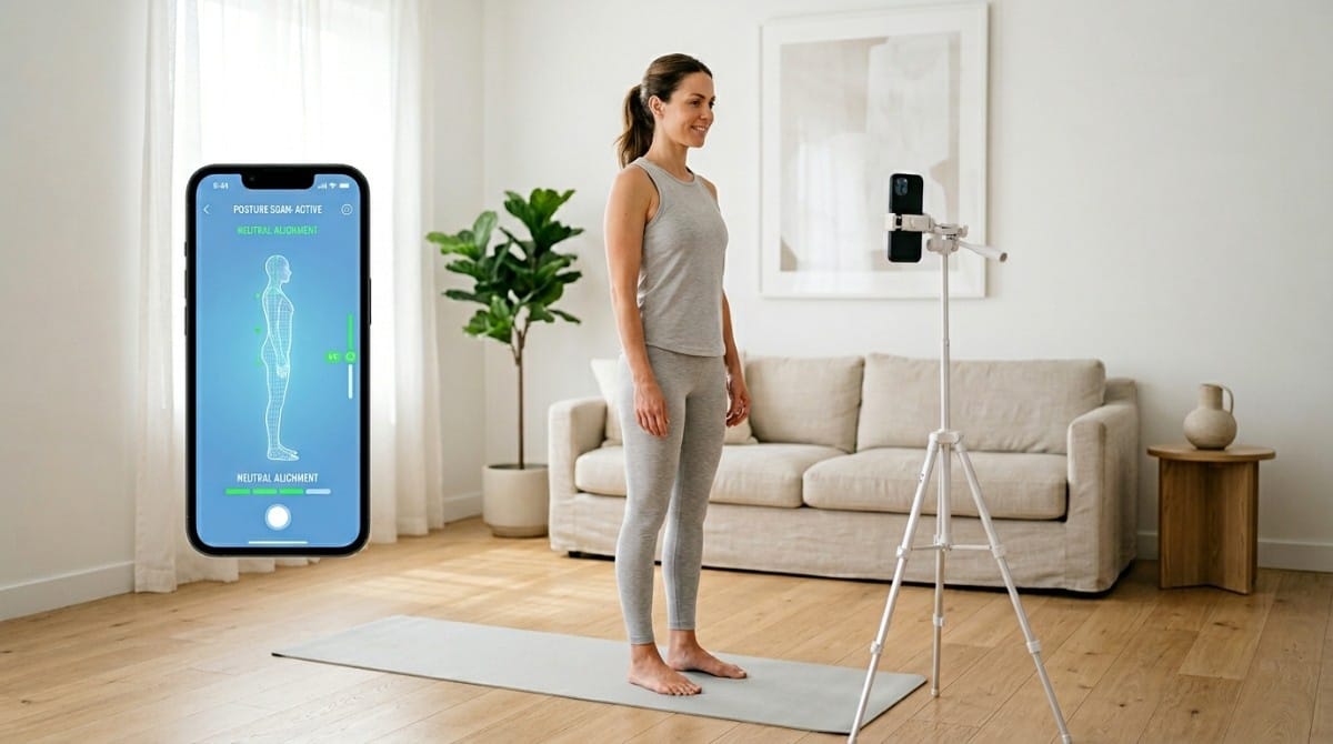 Woman standing on a yoga mat while a smartphone on a tripod analyzes her posture alignment in a bright living room