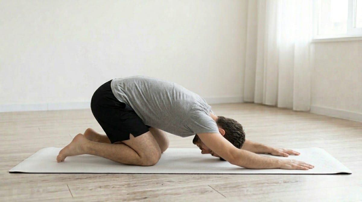 Man performing child’s pose yoga stretch on mat with knees bent and arms extended forward to relieve lower back tension.