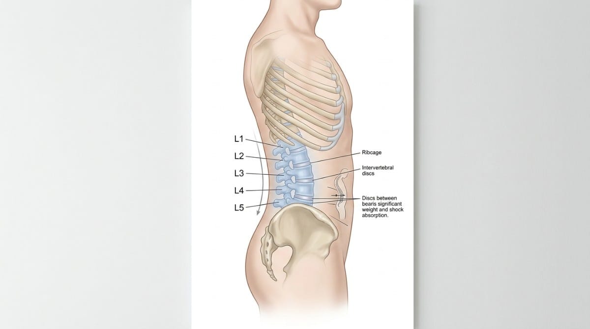 Side view anatomical illustration of lower lumbar spine with labeled vertebrae L1 to L5, ribcage, pelvis, and intervertebral discs.