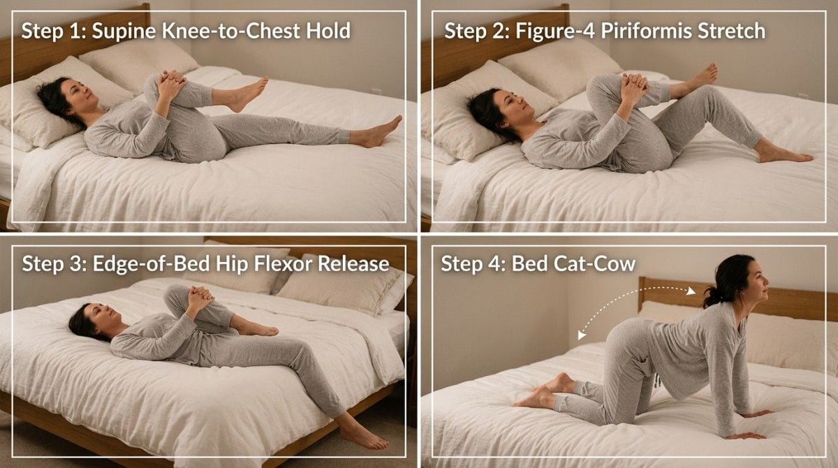 Woman performing a 4-step hip release routine on bed including knee-to-chest stretch, figure-4 piriformis stretch, hip flexor release, and cat-cow exercise for back pain.