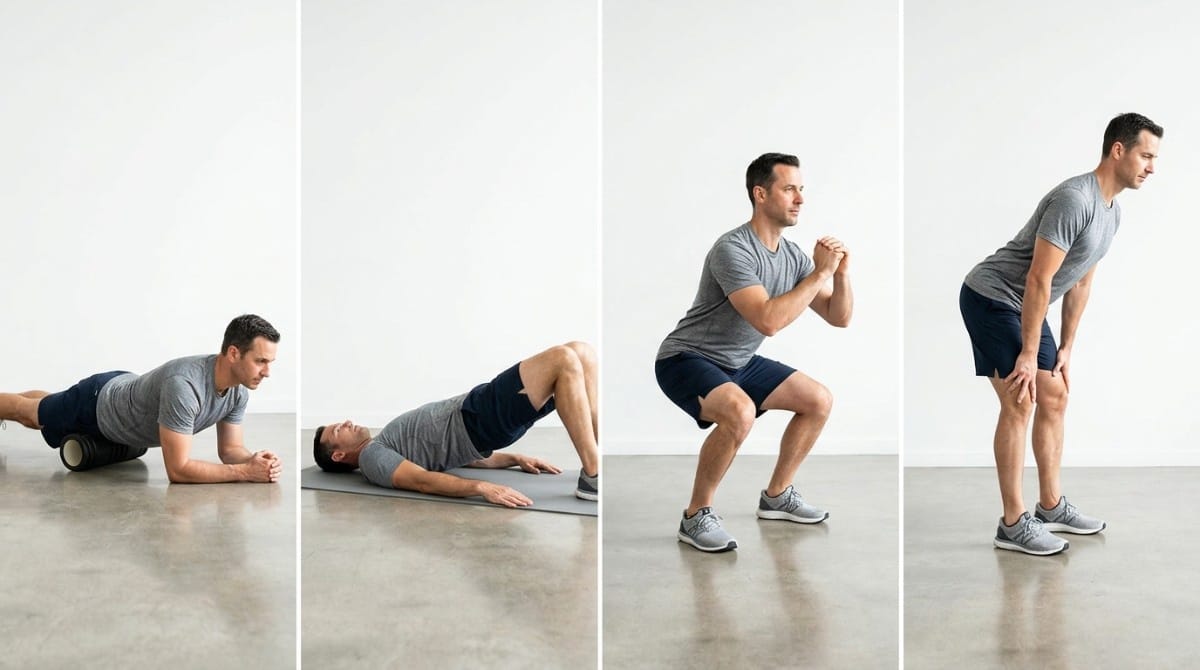 Man demonstrating a four-step hip mobility routine including foam rolling, glute bridge, squat, and hip hinge exercises for posture correction.