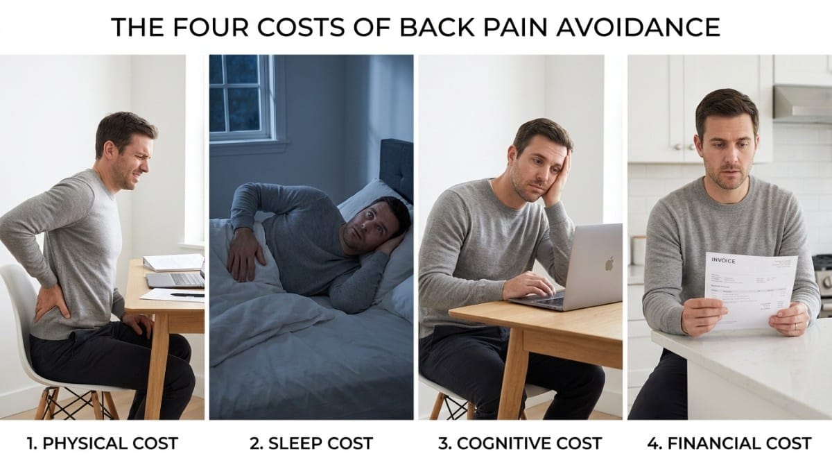 Infographic showing four costs of back pain avoidance: physical pain, sleep disruption, cognitive fatigue, and financial impact.