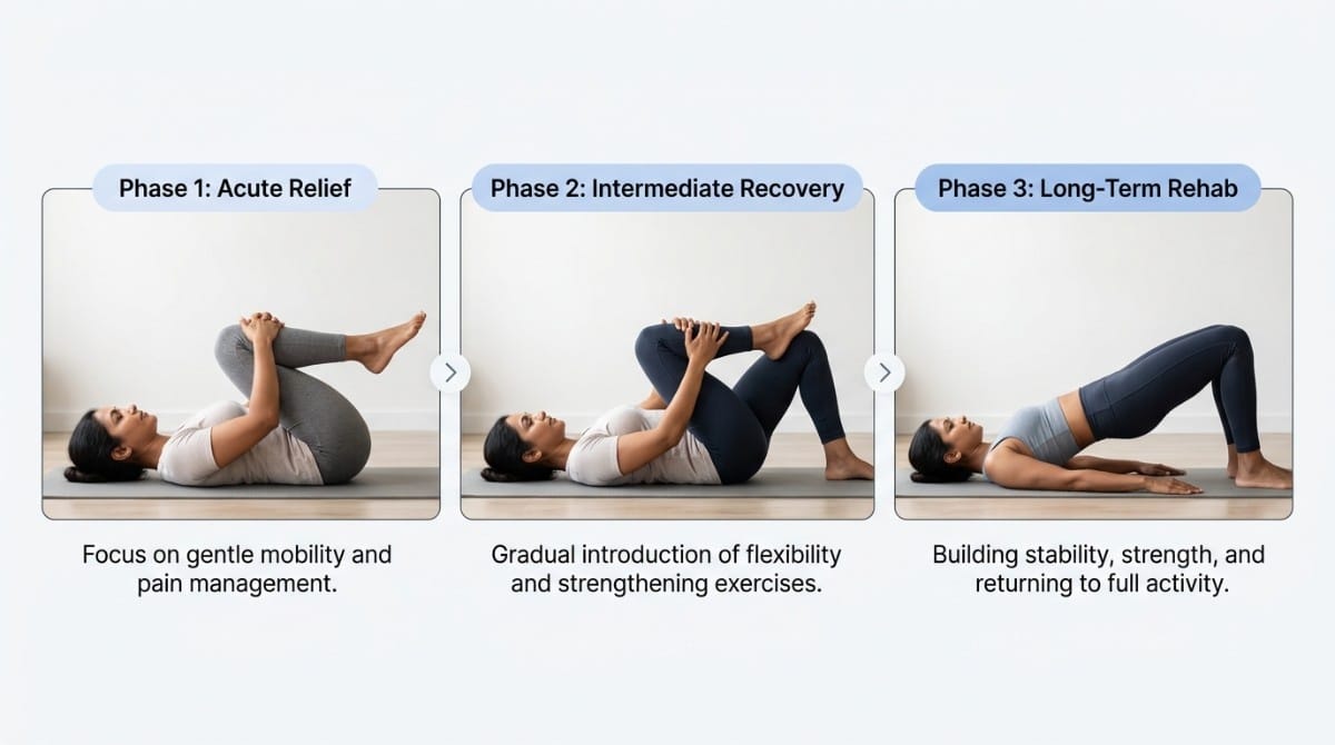 Visual guide showing three stages of lower back recovery: acute relief, intermediate recovery, and long-term rehab with exercises.