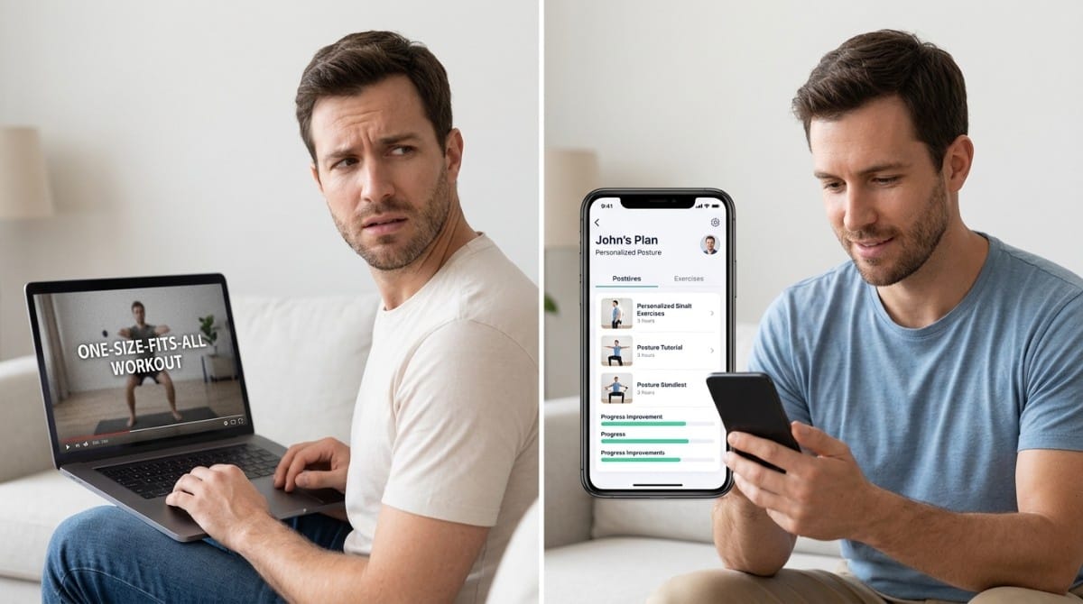 Man looking confused at a laptop showing a generic workout video versus using a smartphone app displaying a personalized posture improvement plan.